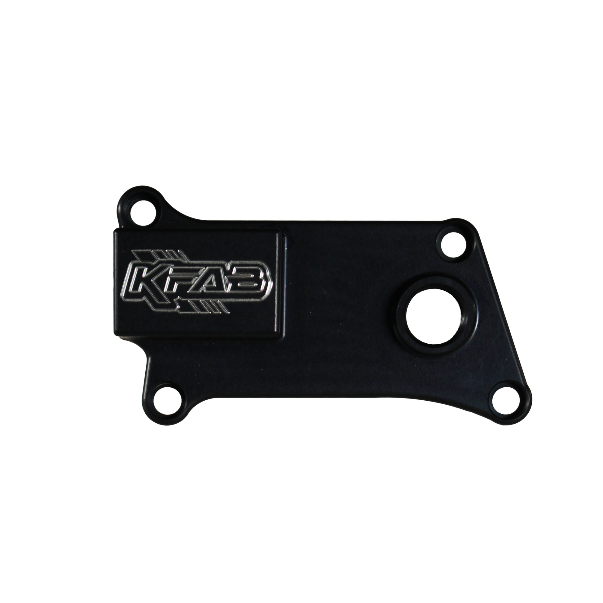Black anodised aluminium upper coolant housing with KFAB logo and mounting points, Honda